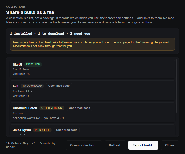 The Collections window: a checklist of mods in a collection with what is already installed and a button to open each mod page.