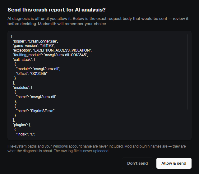 The consent dialog before the first AI request: the exact JSON body that will be sent, a line saying that file paths and the Windows account name are never included, and the buttons Don't send and Allow and send.