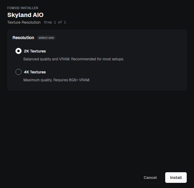 The FOMOD wizard: an installer step with option groups, a description and a preview image.