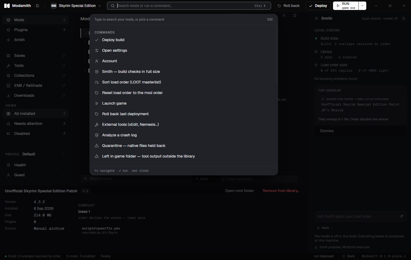 The command palette open over the main window, listing commands such as Deploy build, Sort load order and Analyze a crash log.