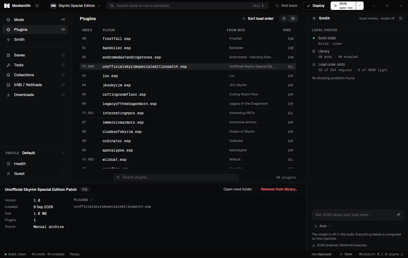 The Plugins view: a load order with hexadecimal indices, plugin kinds and the mod each plugin comes from.
