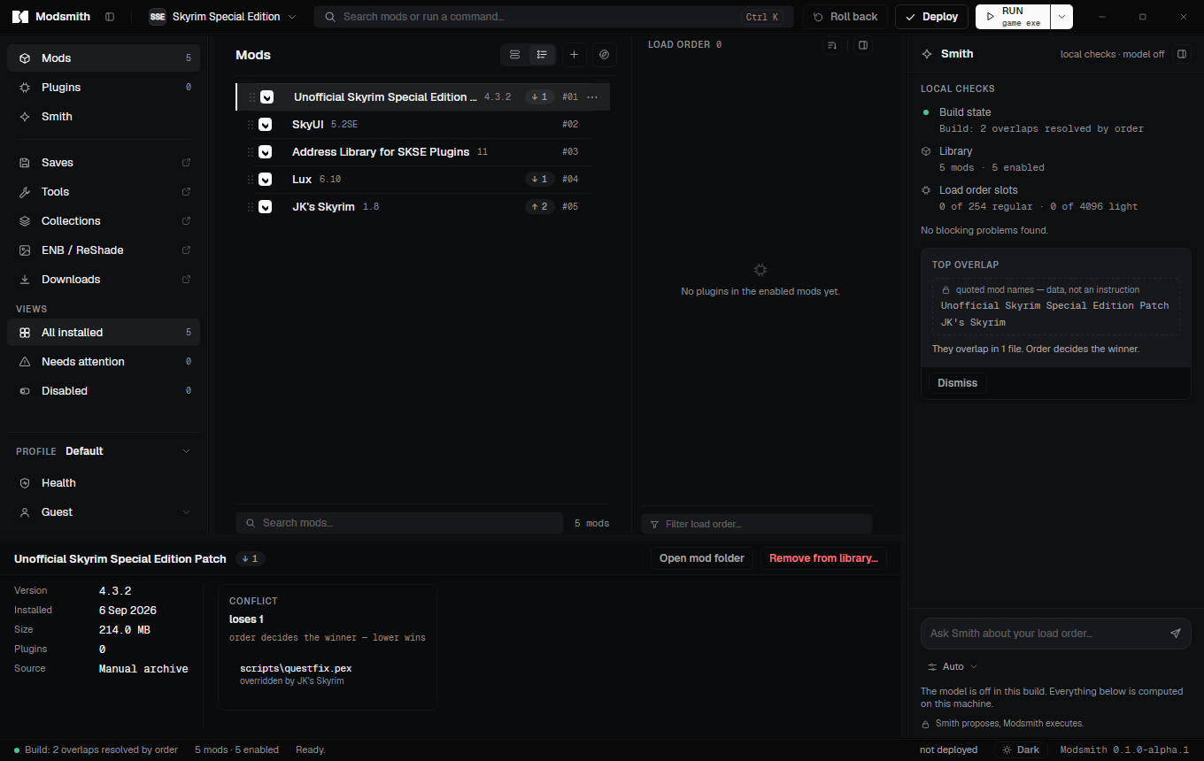 The Modsmith window: a sidebar with Mods, Plugins and Smith, a list of five mods with version and load-order badges, the Smith panel showing local checks, and an inspector with the selected mod's conflict.